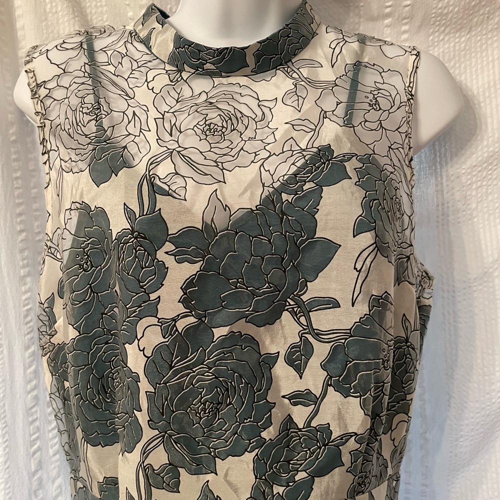 Lace + Mesh Sleeveless Floral Fit-and-Flare Dress Cream/Dark Green size medium - Picture 2 of 14